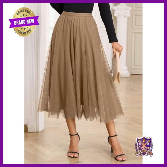 Tulle Skirt Elastic High Waist A-Line Layered Midi Date Night - Picture 7 of 8